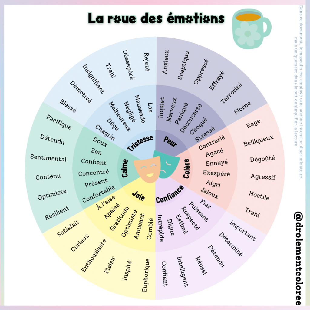 Roue des émotions personnalisée par Drôlement Colorée, un outil pour mieux comprendre et exprimer ses émotions.