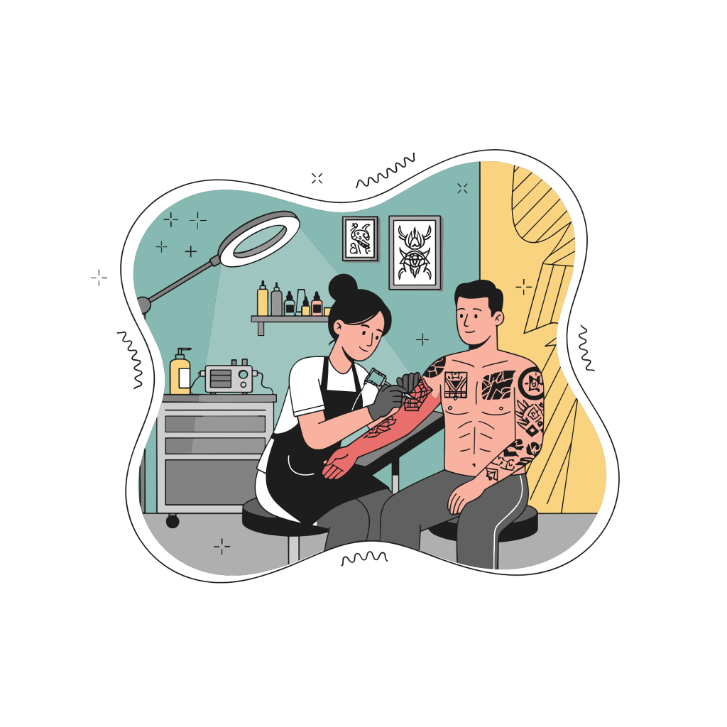 Illustration d’une artiste tatoueuse en train de tatouer le bras d’un homme assis dans un studio de tatouage.